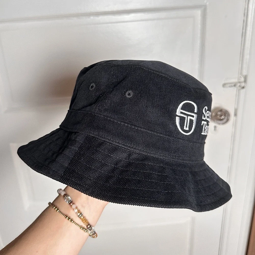 Sergio Tacchini Bucket Hat Embroidered ST Logo Black Corduroy Retro Festival NWT
